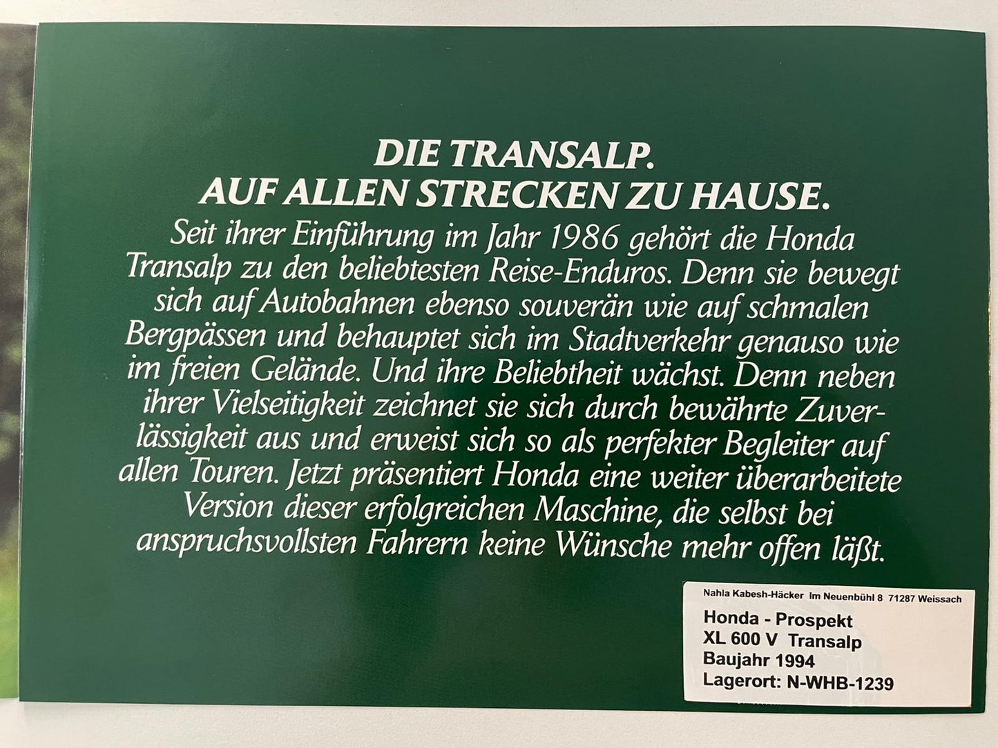 Prospekt Honda XL600V XL 600 V Transalp Baujahr 1994 + Aufkleber