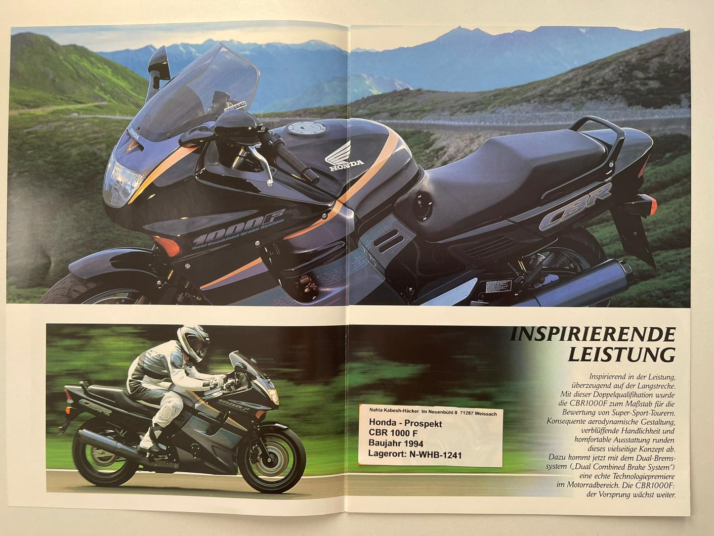 Prospekt Honda CBR1000F CBR 1000 F Baujahr 1994 + Aufkleber