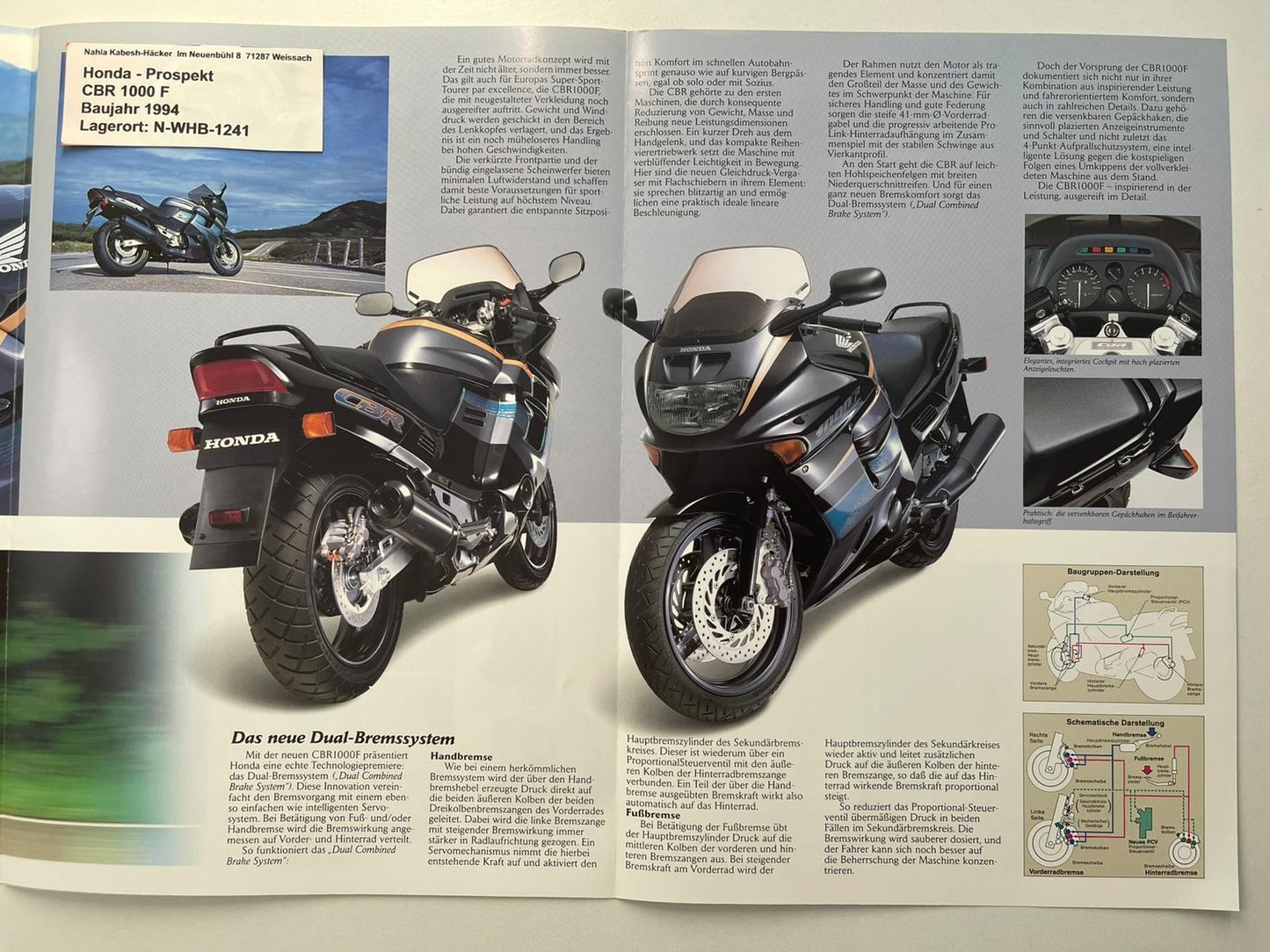 Prospekt Honda CBR1000F CBR 1000 F Baujahr 1994 + Aufkleber