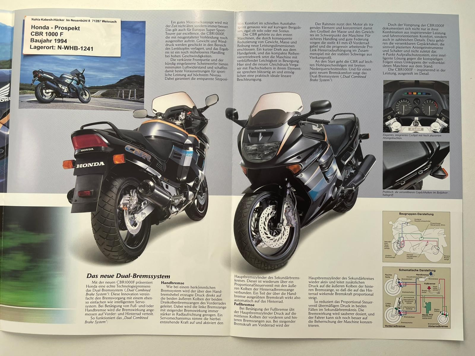Prospekt Honda CBR1000F CBR 1000 F Baujahr 1994 + Aufkleber