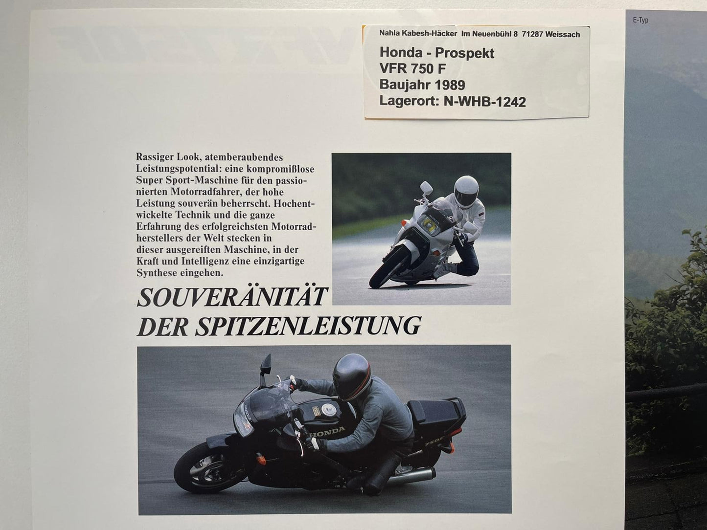 Prospekt Honda VFR750F VFR 750 F Bj. 1989 + Aufkleber