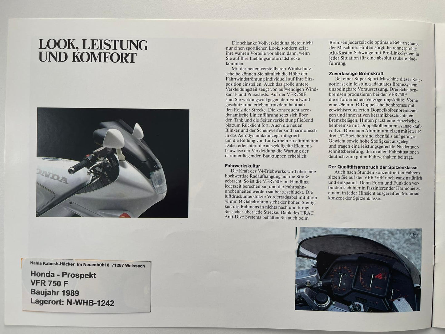 Prospekt Honda VFR750F VFR 750 F Bj. 1989 + Aufkleber