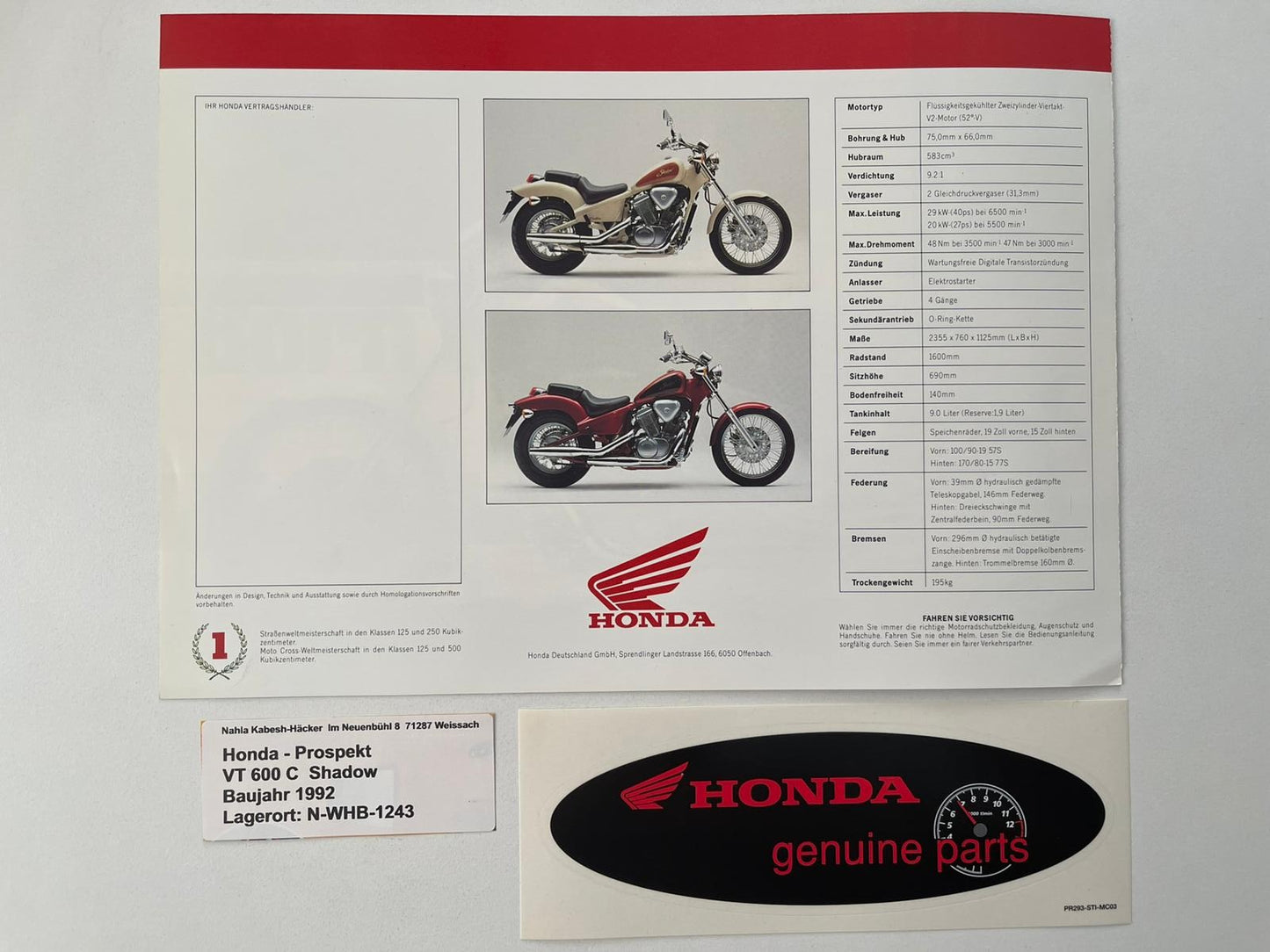 Prospekt Honda VT600C VT 600 C Shadow Baujahr 1992 + Aufkleber