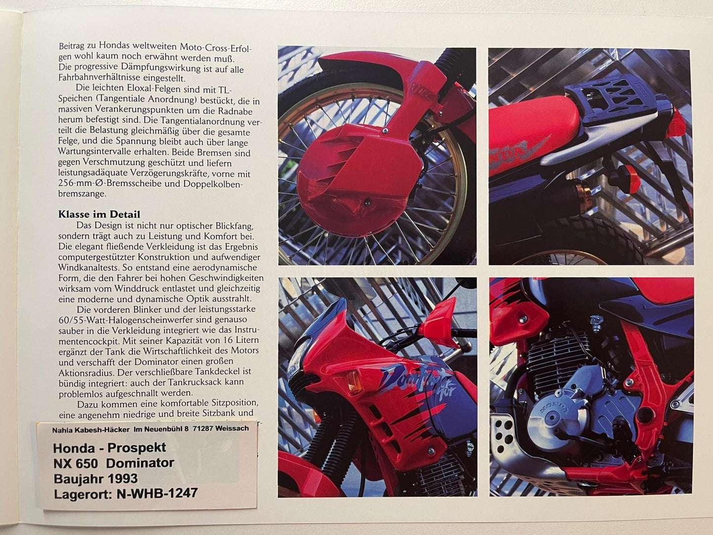 Prospekt Honda NX650 NX 650 Dominator Baujahr 1993 + Aufkleber