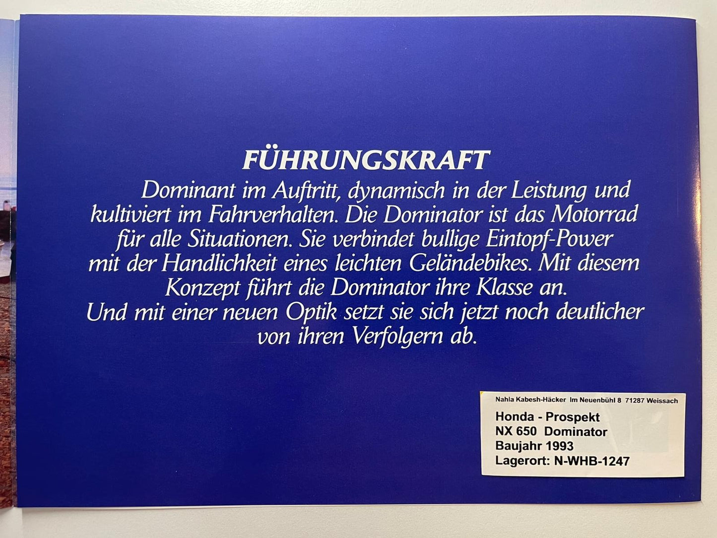 Prospekt Honda NX650 NX 650 Dominator Baujahr 1993 + Aufkleber