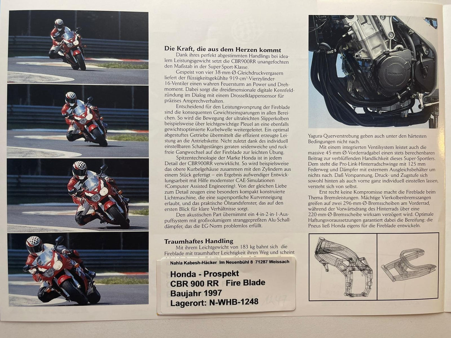 Prospekt Honda CBR900RR CBR 900 RR Fire Blade Baujahr 1997 + Aufkleber