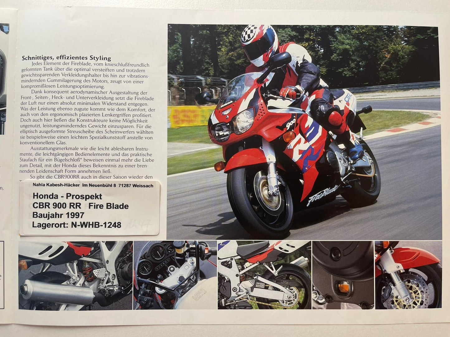 Prospekt Honda CBR900RR CBR 900 RR Fire Blade Baujahr 1997 + Aufkleber