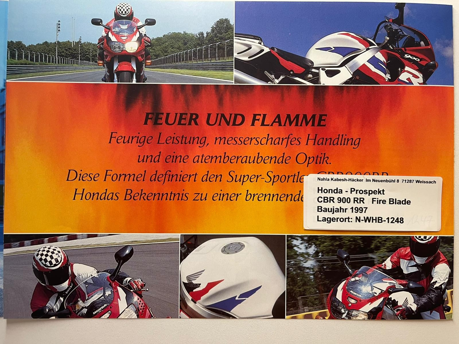 Prospekt Honda CBR900RR CBR 900 RR Fire Blade Baujahr 1997 + Aufkleber