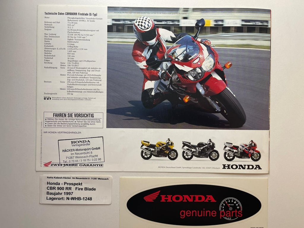 Prospekt Honda CBR900RR CBR 900 RR Fire Blade Baujahr 1997 + Aufkleber