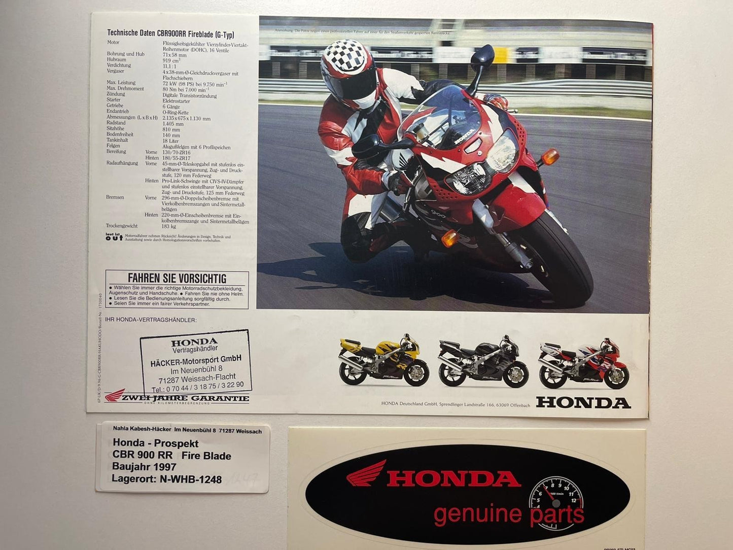 Prospekt Honda CBR900RR CBR 900 RR Fire Blade Baujahr 1997 + Aufkleber
