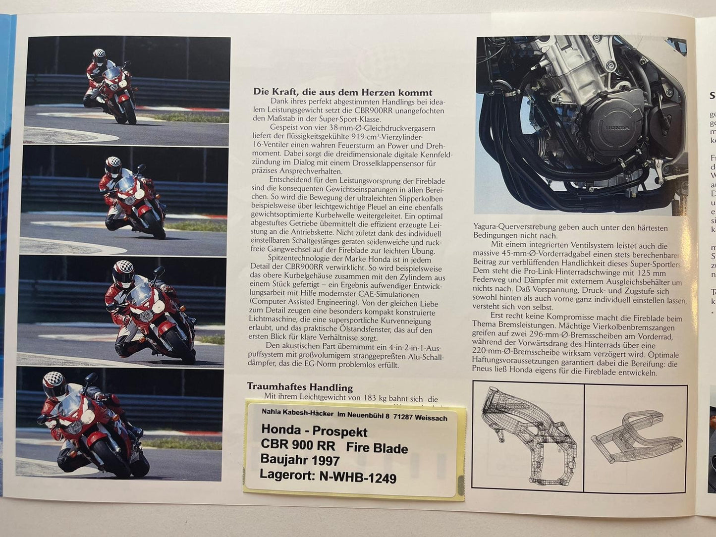 Prospekt Honda CBR900RR CBR 900 RR Fire Blade Baujahr 1997 + Aufkleber