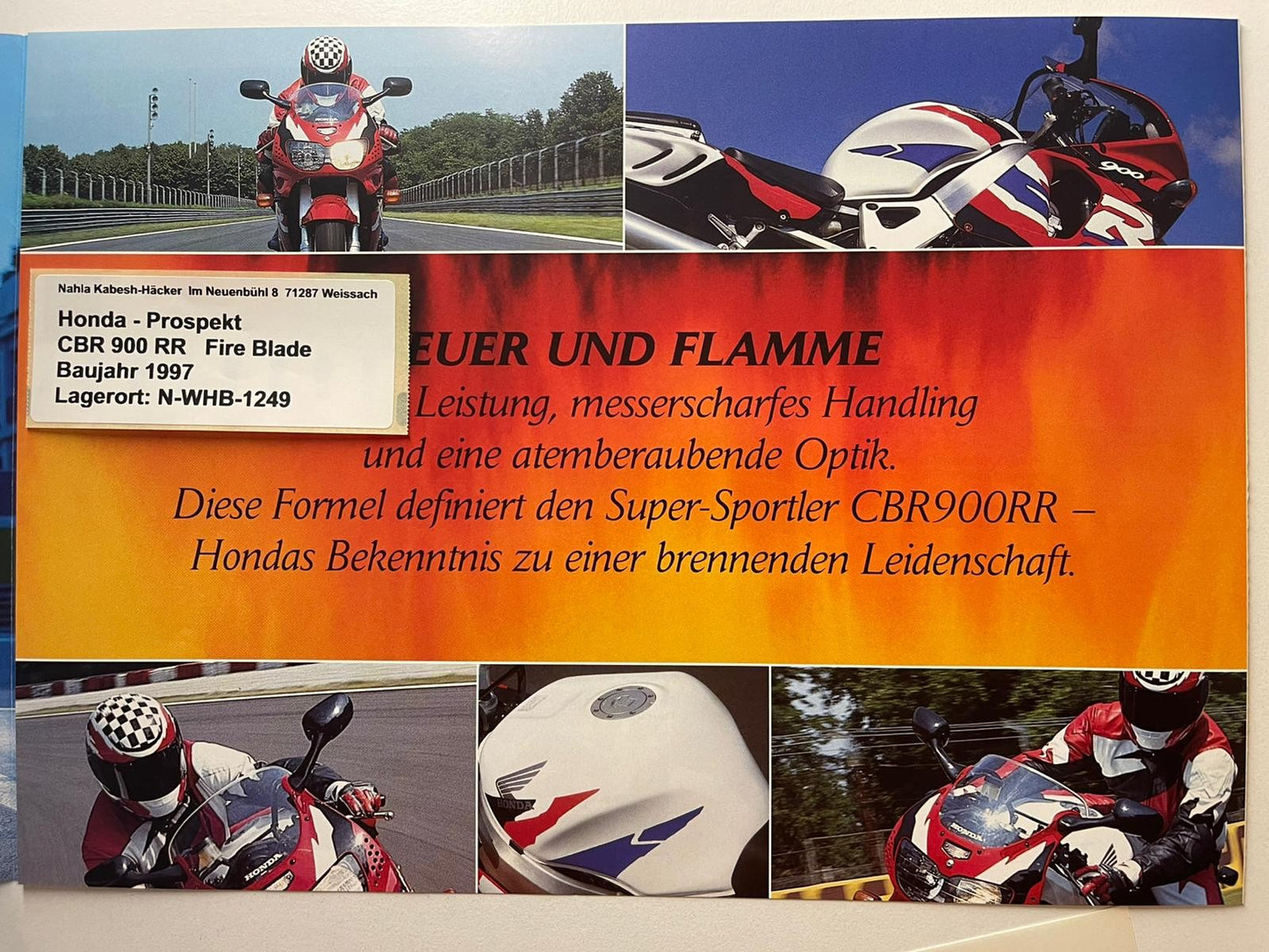 Prospekt Honda CBR900RR CBR 900 RR Fire Blade Baujahr 1997 + Aufkleber