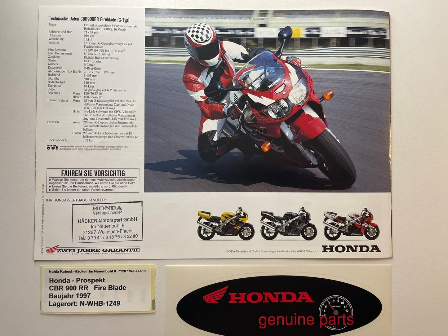 Prospekt Honda CBR900RR CBR 900 RR Fire Blade Baujahr 1997 + Aufkleber