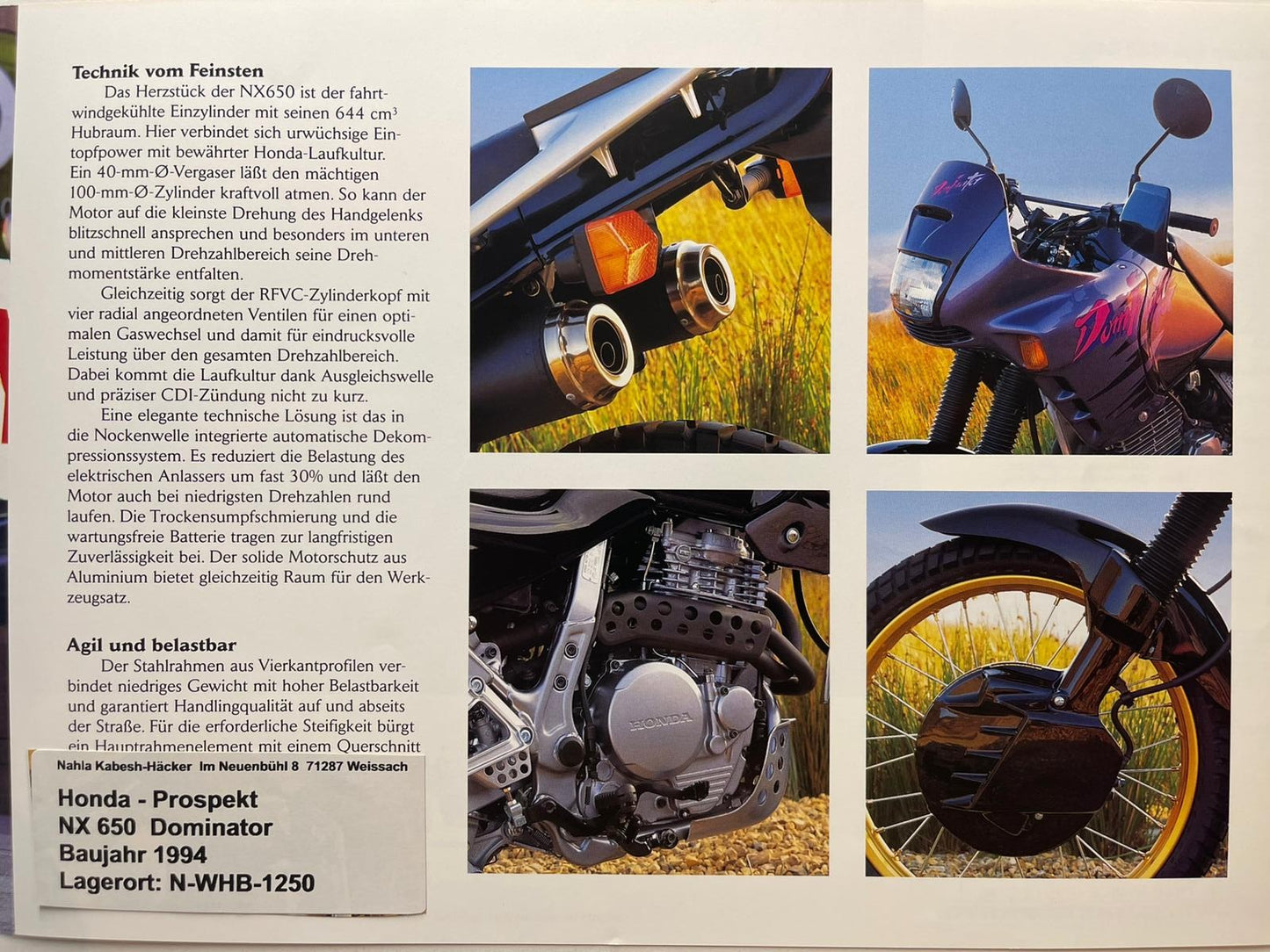Prospekt Honda NX650 NX 650 Dominator Baujahr 1994 + Aufkleber
