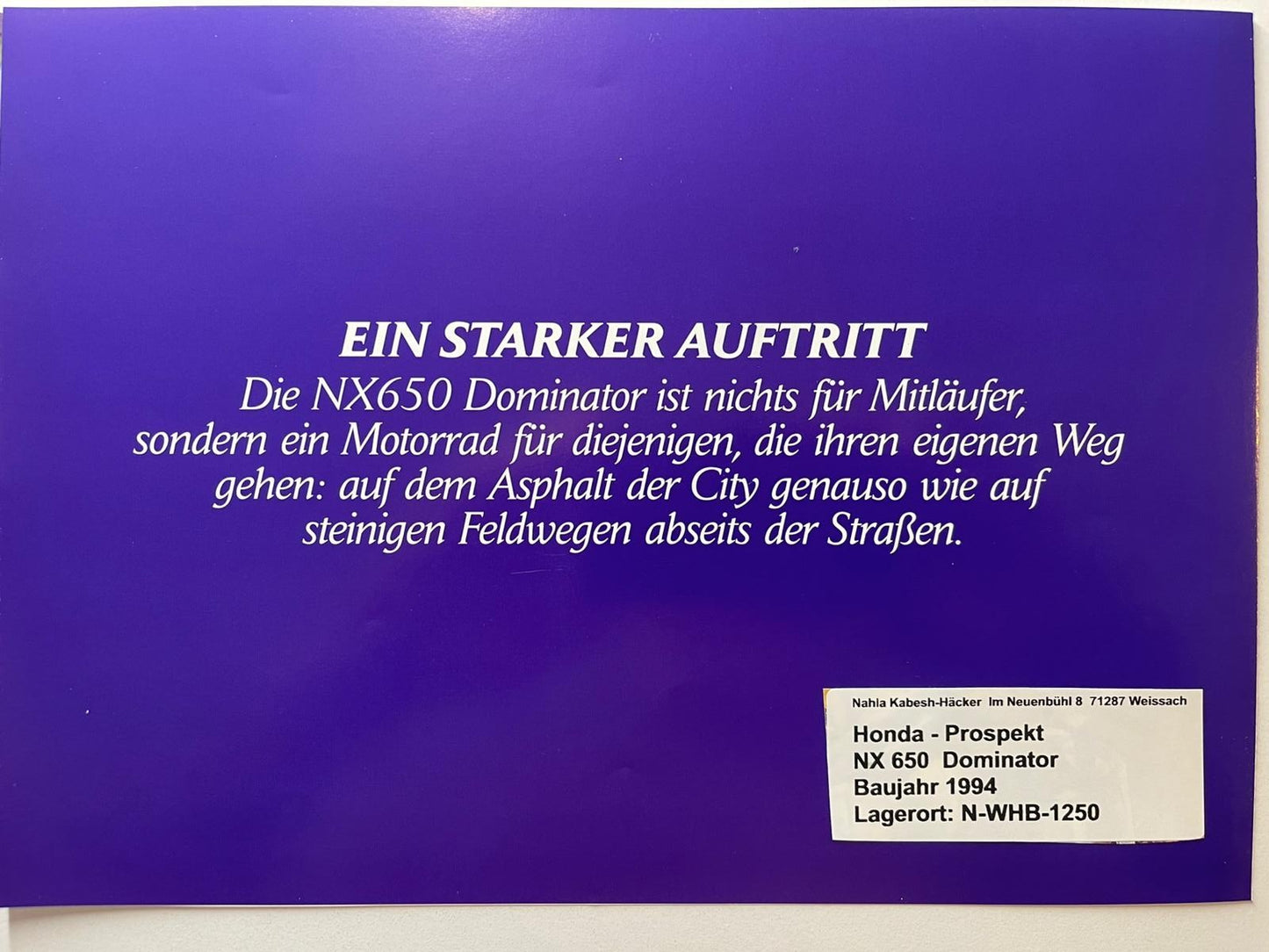Prospekt Honda NX650 NX 650 Dominator Baujahr 1994 + Aufkleber
