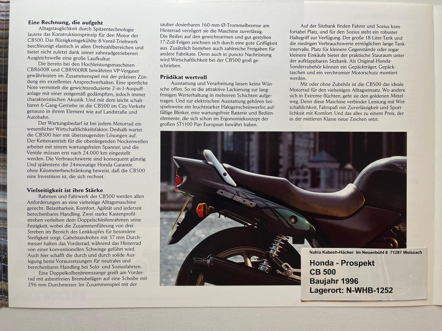 Prospekt Honda CB500 CB 500 Baujahr 1996 + Aufkleber