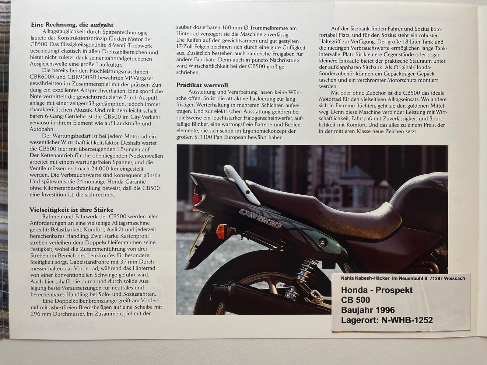 Prospekt Honda CB500 CB 500 Baujahr 1996 + Aufkleber