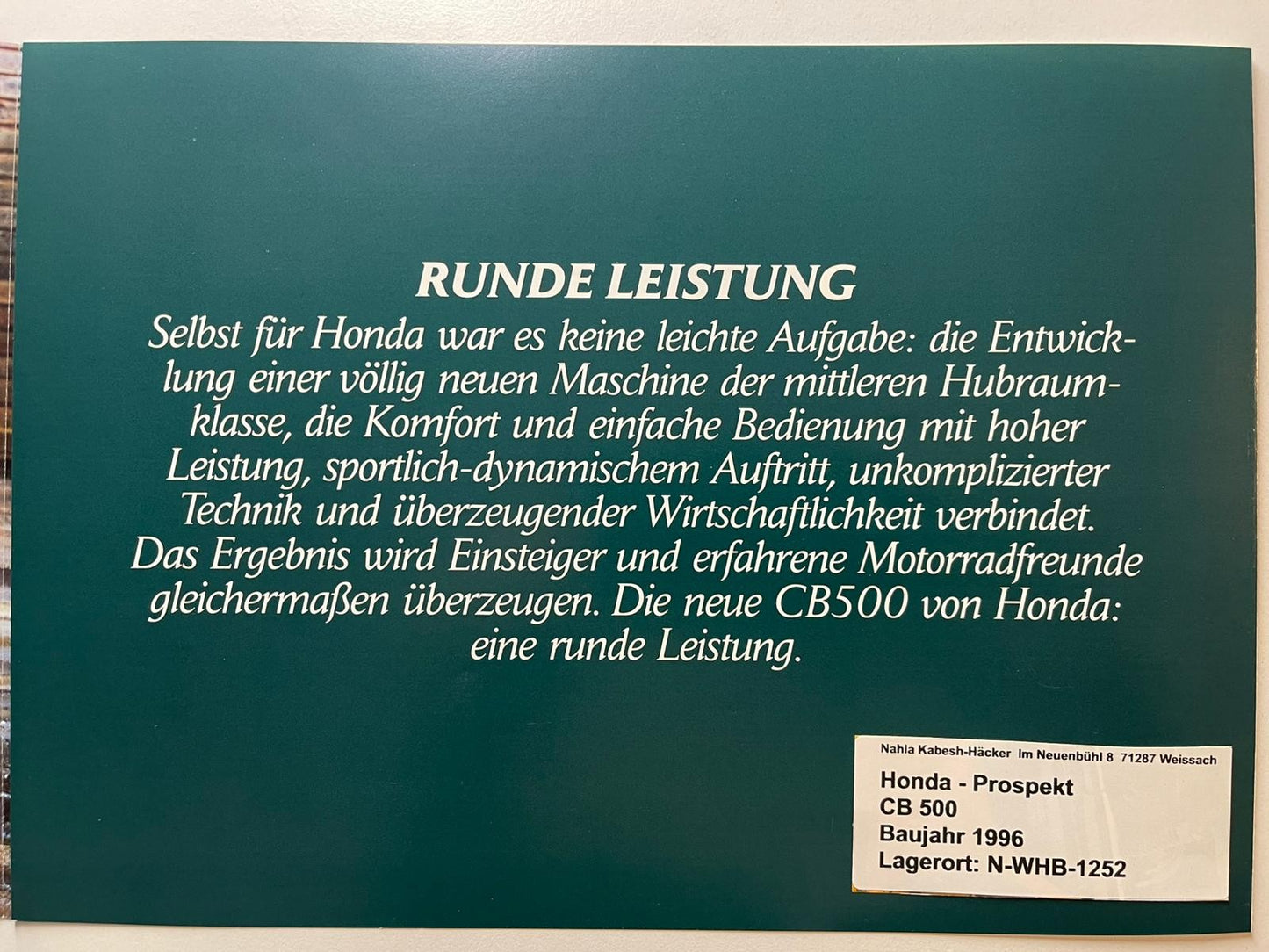 Prospekt Honda CB500 CB 500 Baujahr 1996 + Aufkleber