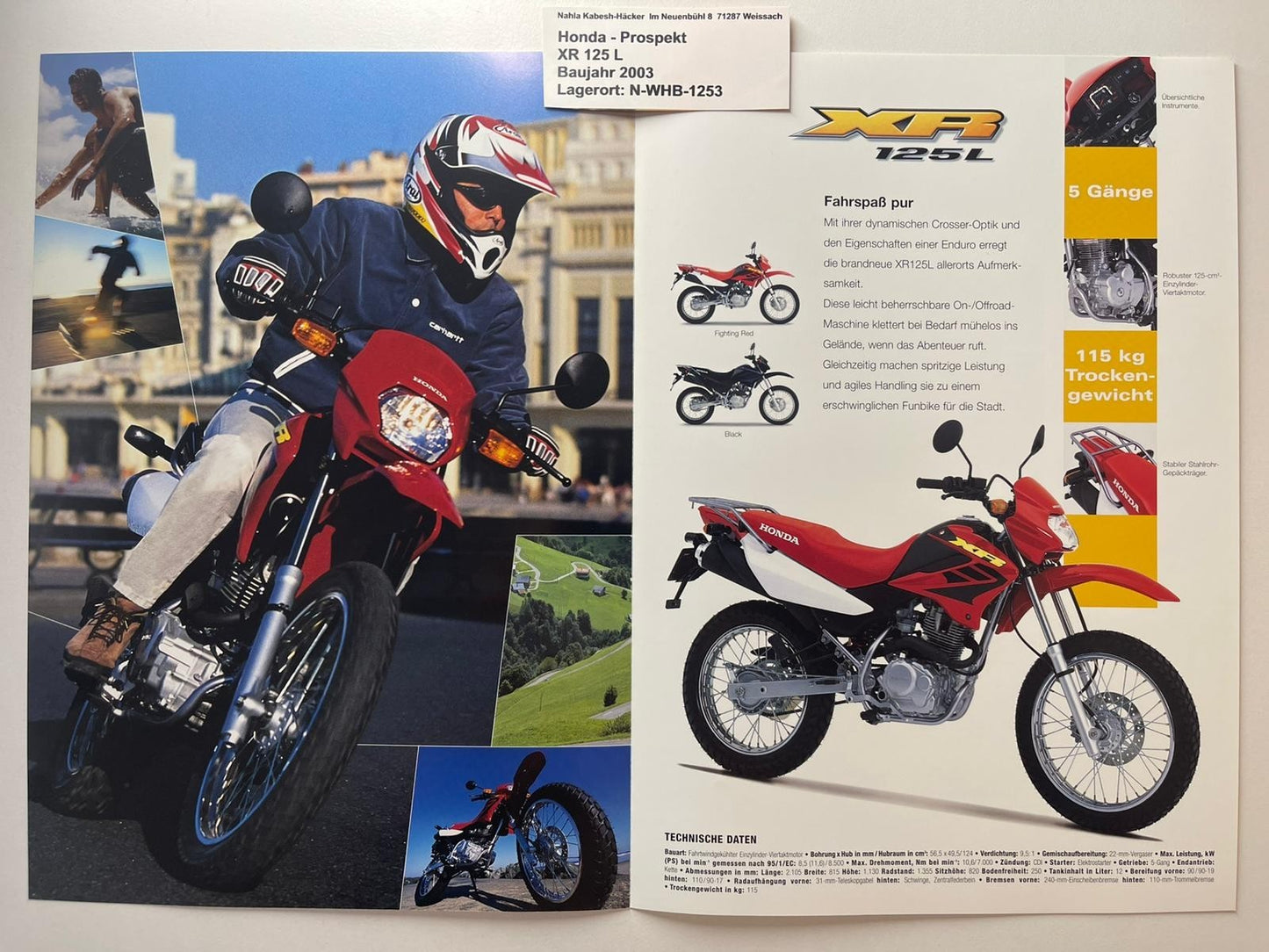 Prospekt Honda XR125L XR 125 L Baujahr 2003 + Aufkleber