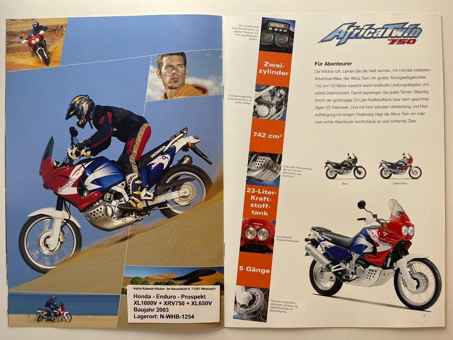 Sammel Prospekt Honda XRV750 Africa Twin Bj. 2003 + Aufkleber