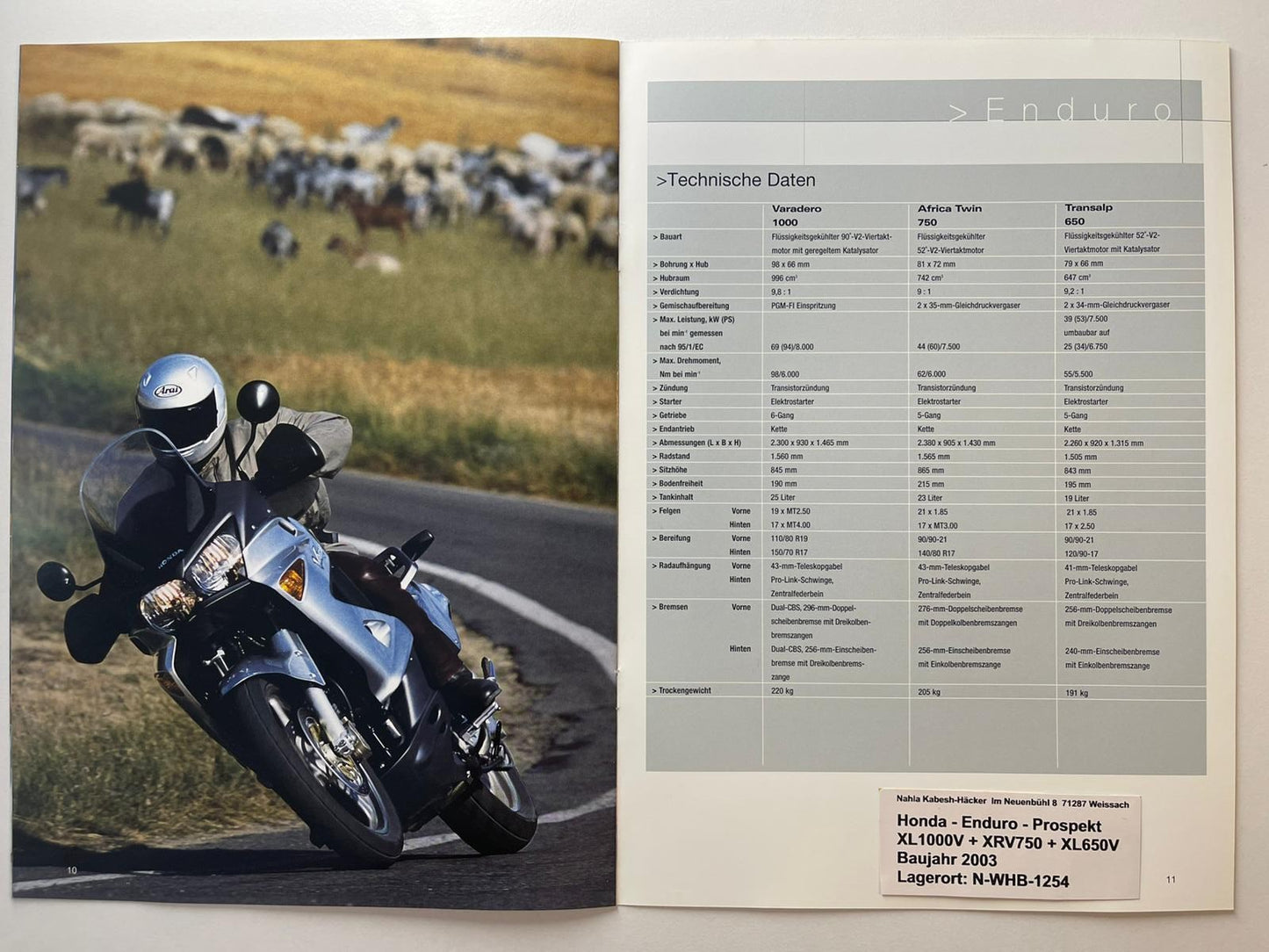 Sammel Prospekt Honda XRV750 Africa Twin Bj. 2003 + Aufkleber