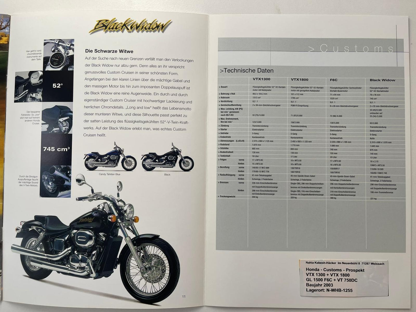 Prospekt Honda GL1500C Valkyrie F6C Gl 1500 C Baujahr 2003 + Aufkleber