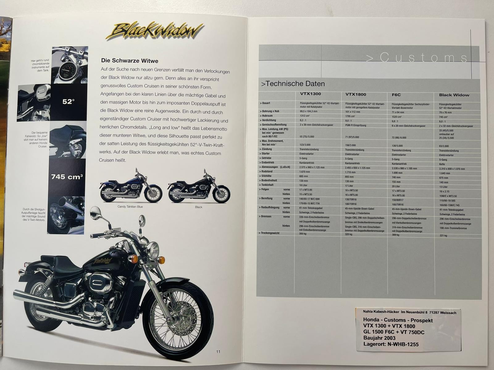 Sammel Prospekt Honda VTX1300S Bj. 2003 + Aufkleber