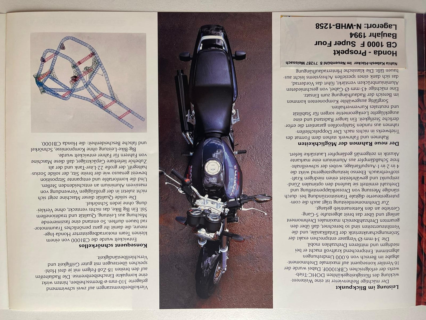 Prospekt Honda CB1000F CB 1000 F Super Four Baujahr 1994 + Aufkleber