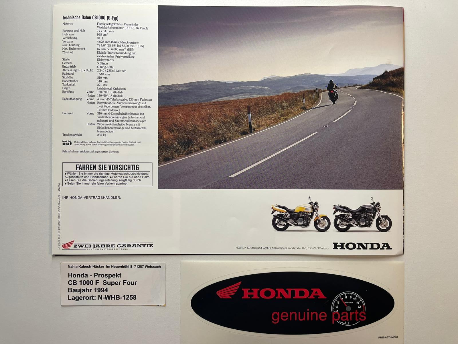 Prospekt Honda CB1000F CB 1000 F Super Four Baujahr 1994 + Aufkleber