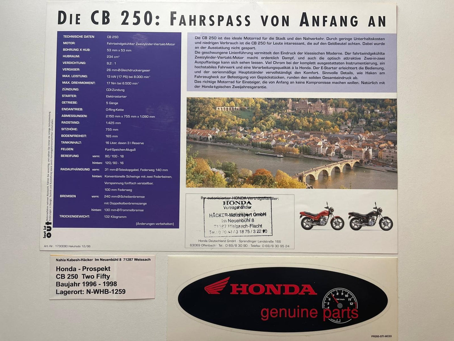 Prospekt Honda CB250 CB 250 Two Fifty Baujahr 1996 - 1998 + Aufkleber