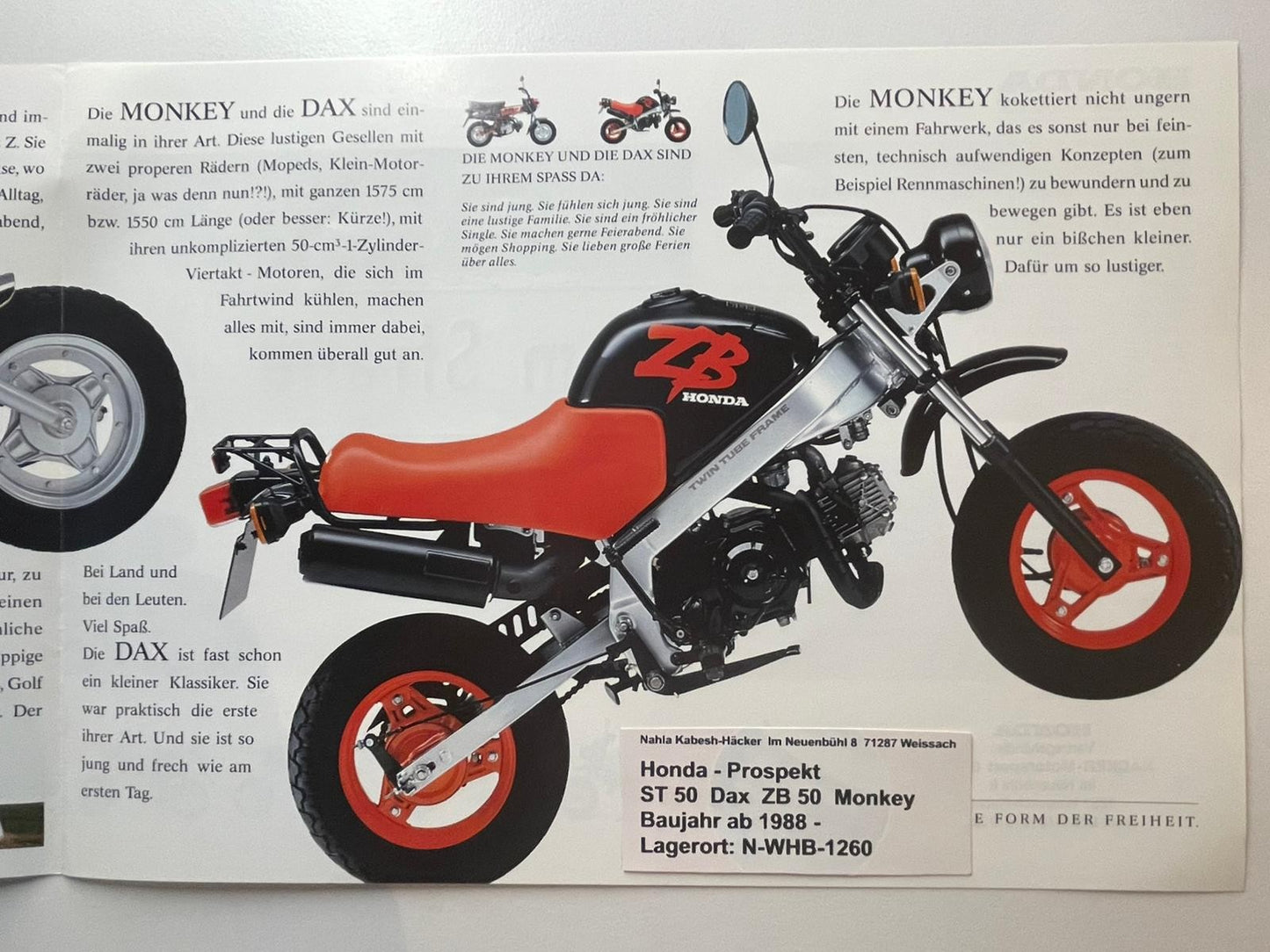 Prospekt Honda ZB50 ZB 50 Monkey ST50 ST 50 Dax Baujahr 1988 + Aufkleber