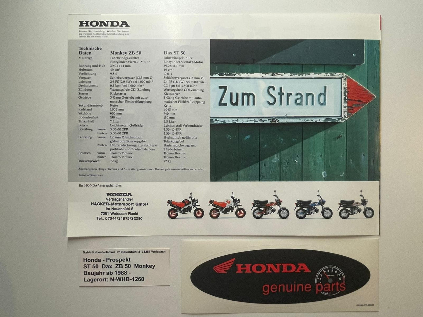 Prospekt Honda ZB50 ZB 50 Monkey ST50 ST 50 Dax Baujahr 1988 + Aufkleber