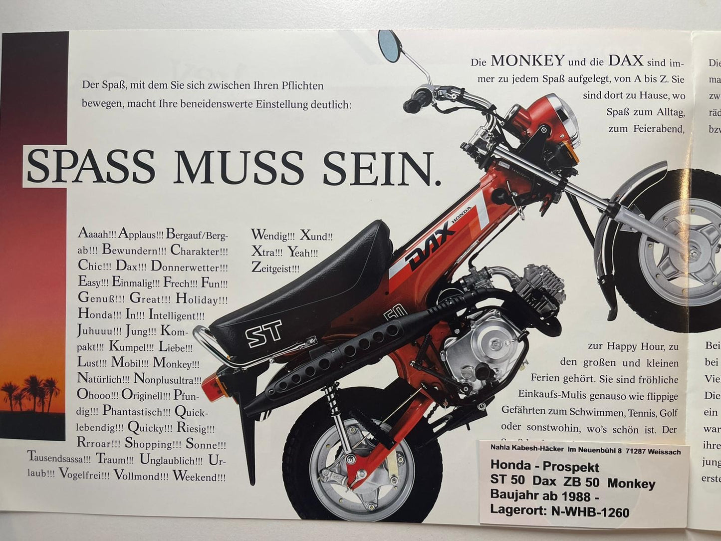 Prospekt Honda ZB50 ZB 50 Monkey ST50 ST 50 Dax Baujahr 1988 + Aufkleber