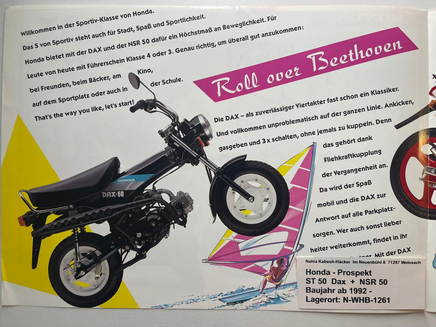 Prospekt Honda NSR50 NSR 50 ST50 ST 50 Dax Baujahr 1992 + Aufkleber