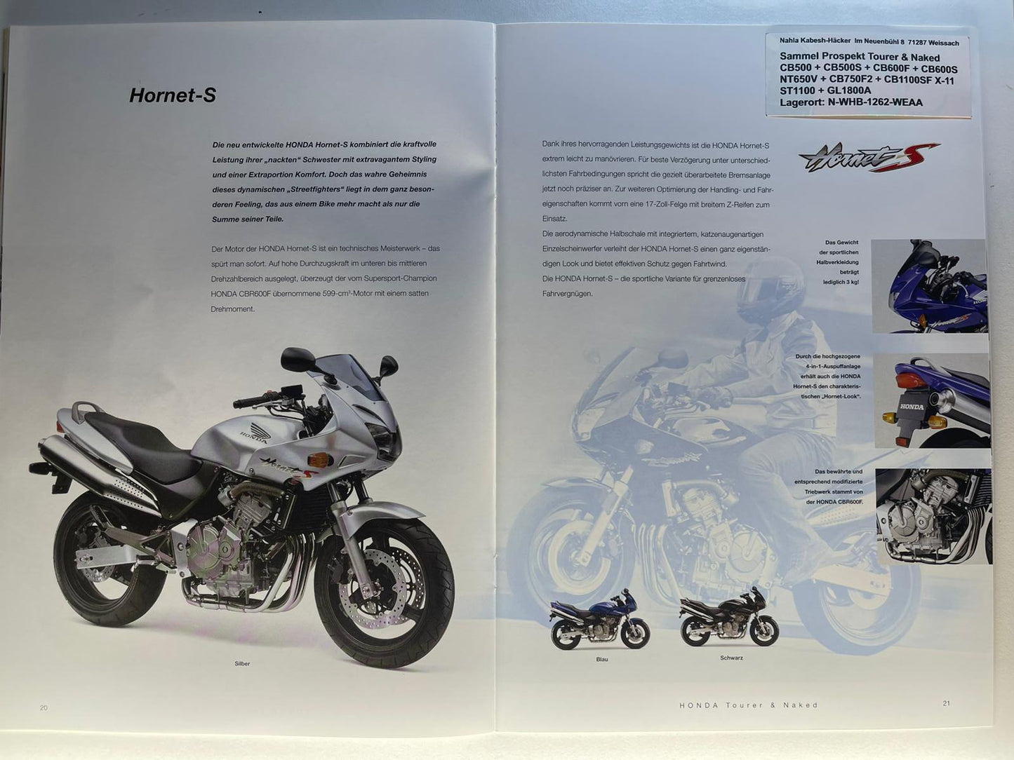 Sammel Prospekt Honda CB600F + CB600S Hornet Bj. 2001 + Aufkleber