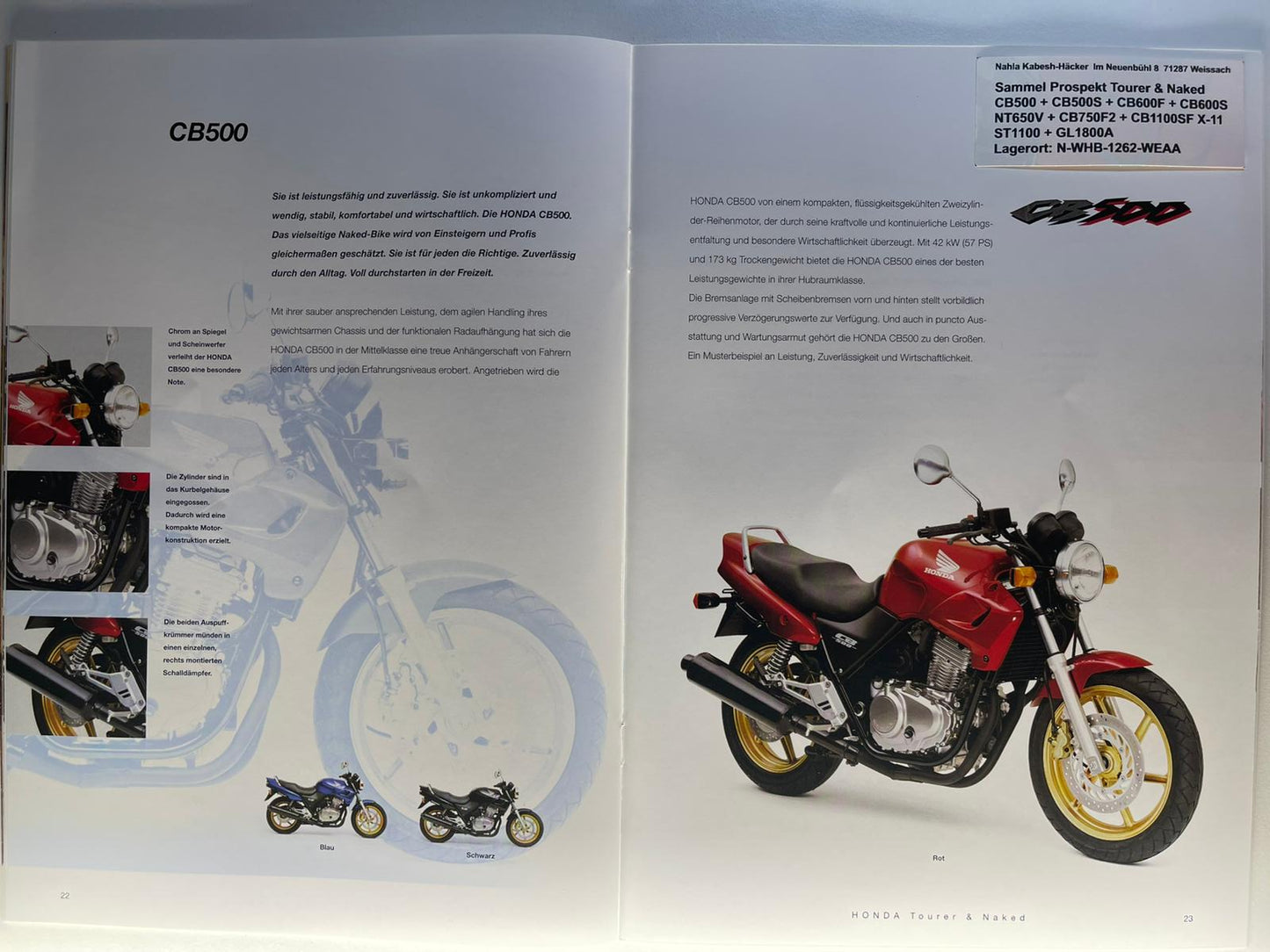 Sammel Prospekt Honda CB600F + CB600S Hornet Bj. 2001 + Aufkleber