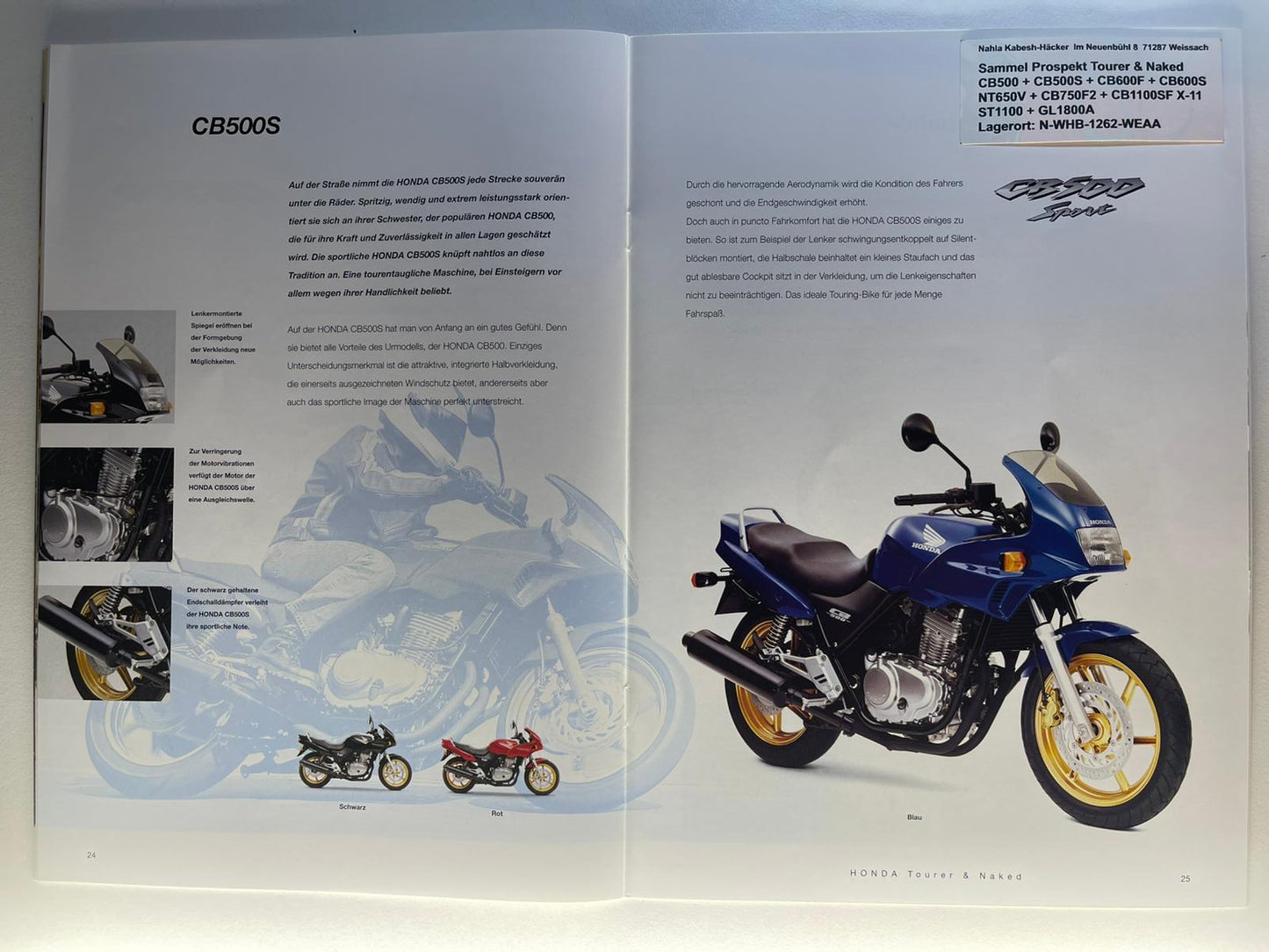 Sammel Prospekt Honda CB600F + CB600S Hornet Bj. 2001 + Aufkleber