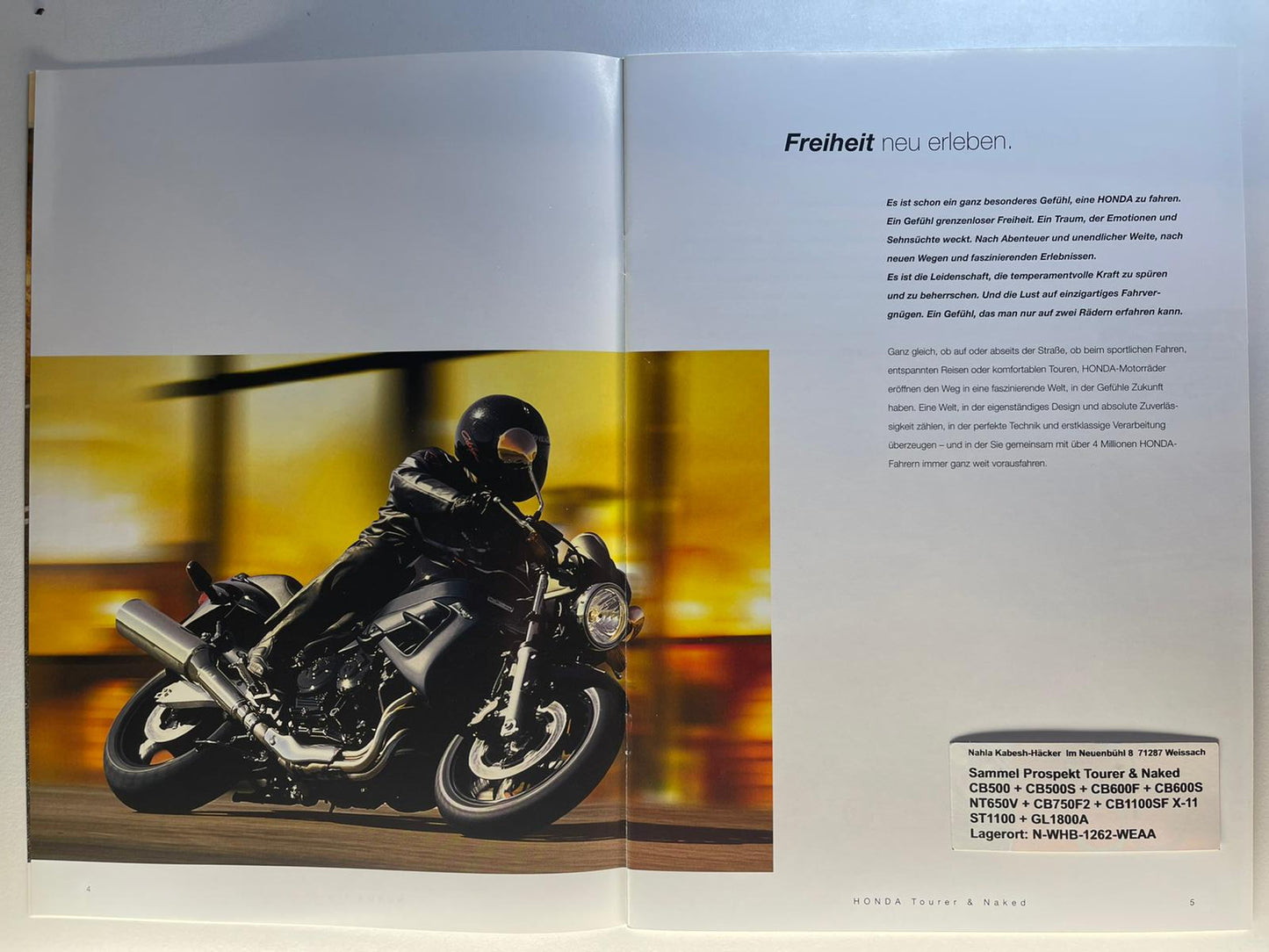 Sammel Prospekt Honda CB600F + CB600S Hornet Bj. 2001 + Aufkleber