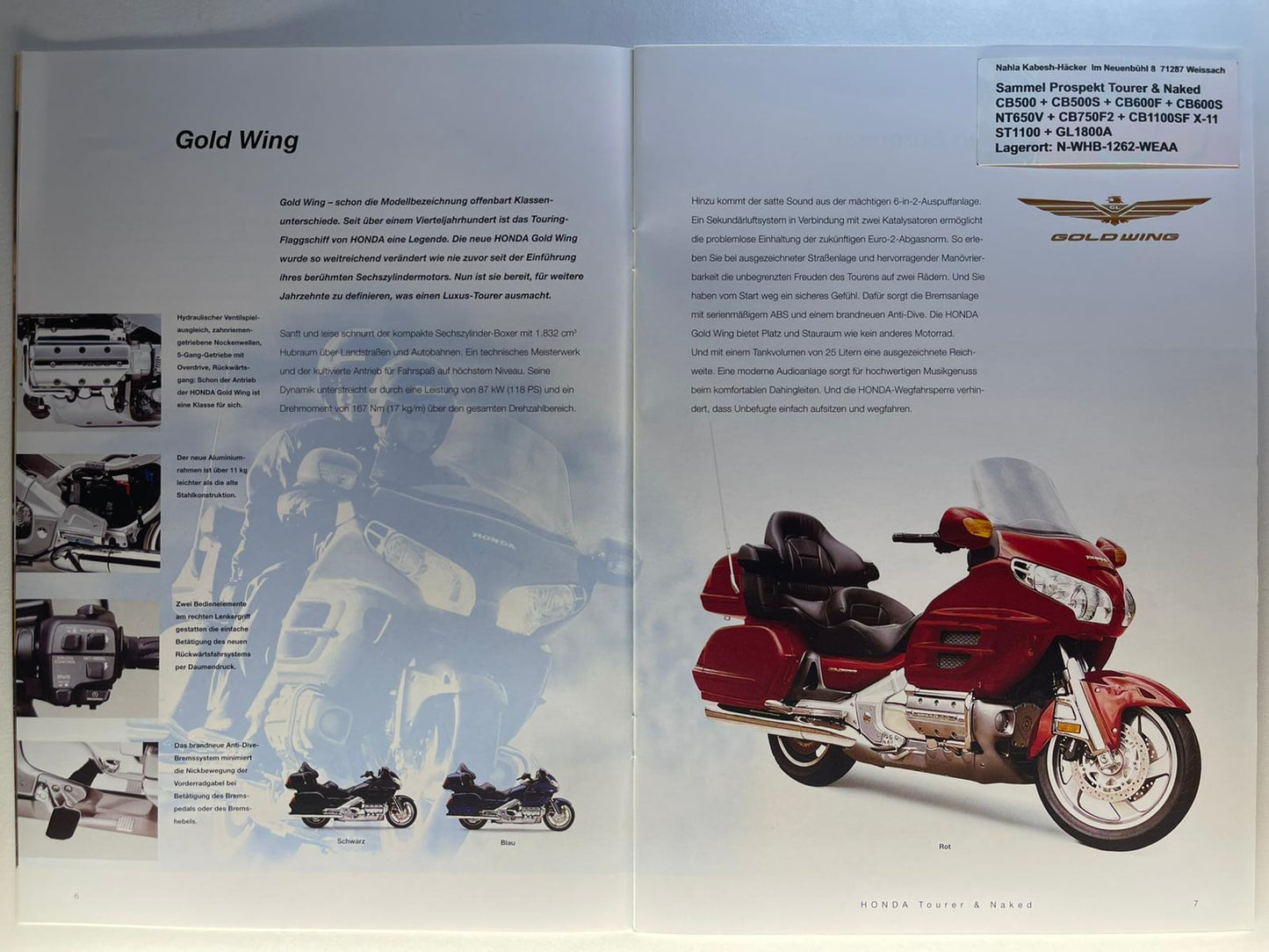 Sammel Prospekt Honda CB600F + CB600S Hornet Bj. 2001 + Aufkleber