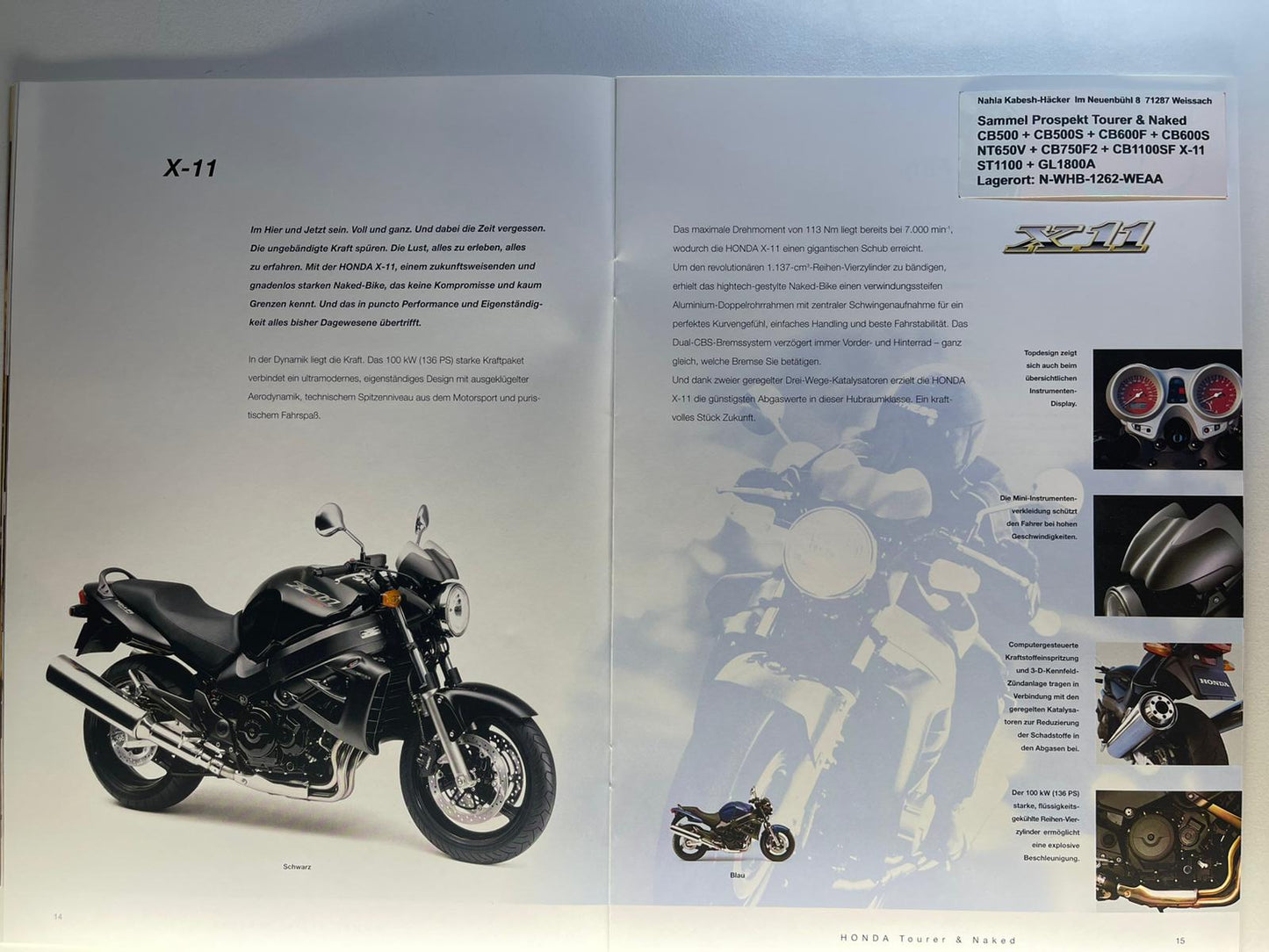 Sammel Prospekt Honda CB600F + CB600S Hornet Bj. 2001 + Aufkleber