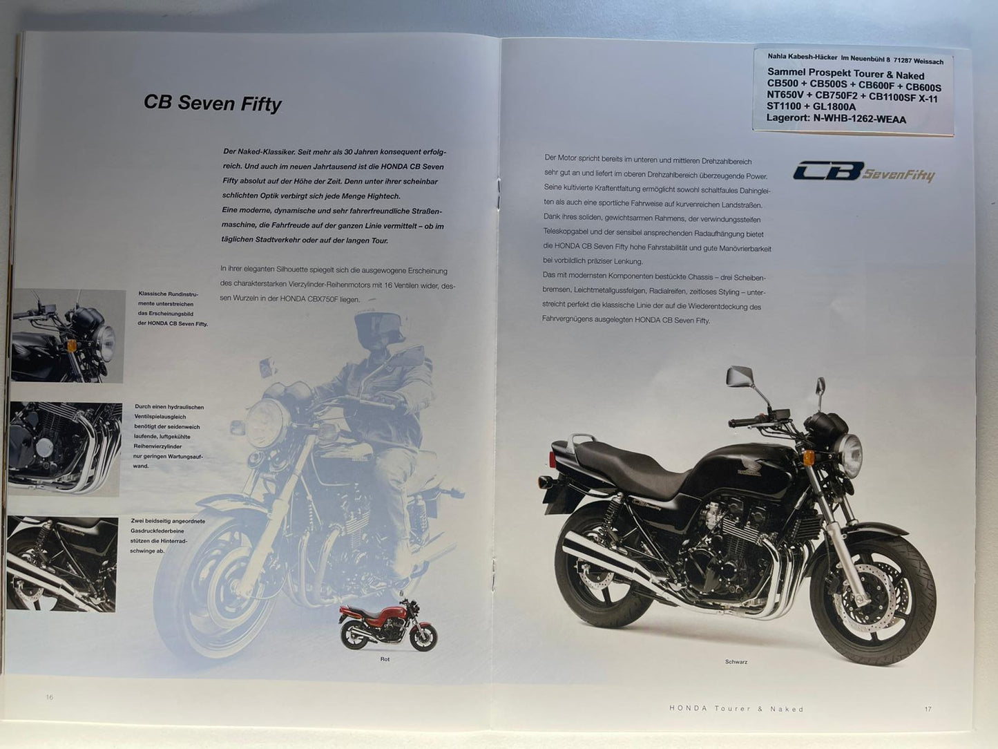 Sammel Prospekt Honda CB600F + CB600S Hornet Bj. 2001 + Aufkleber