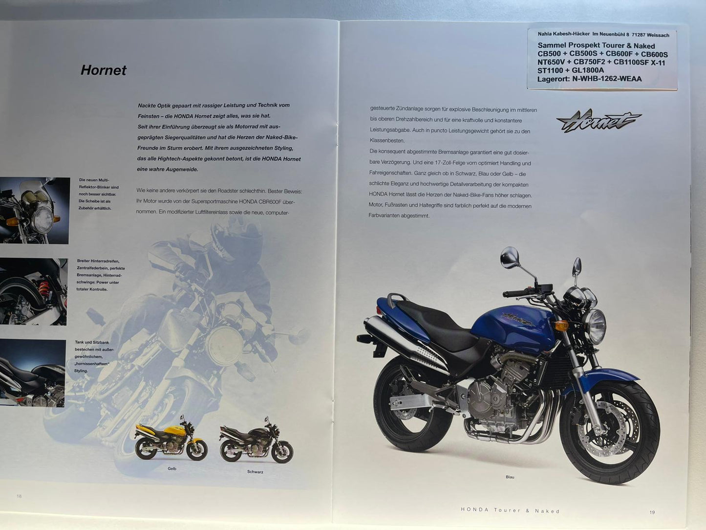 Sammel Prospekt Honda CB600F + CB600S Hornet Bj. 2001 + Aufkleber