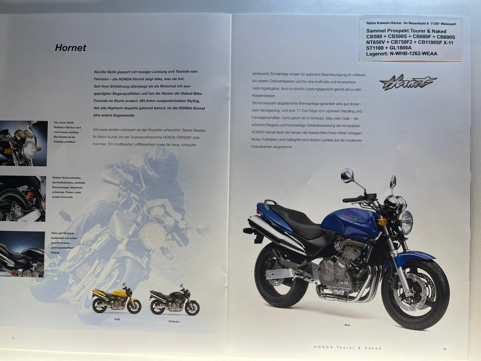 Sammel Prospekt Honda CB500 + CB500S Sport Bj. 2001 + Aufkleber