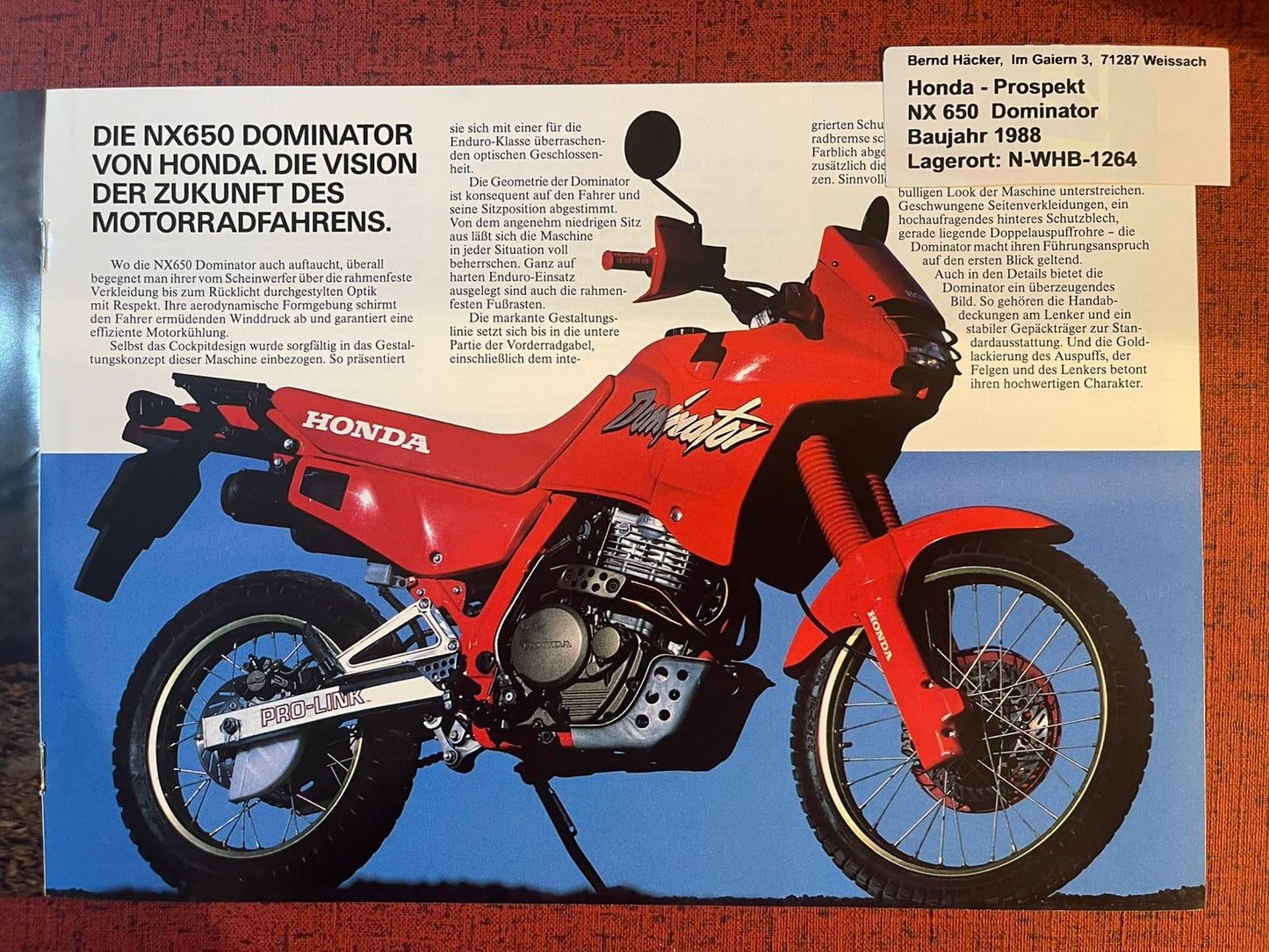 Prospekt Honda NX650 Dominator Bj. 1988 + Aufkleber
