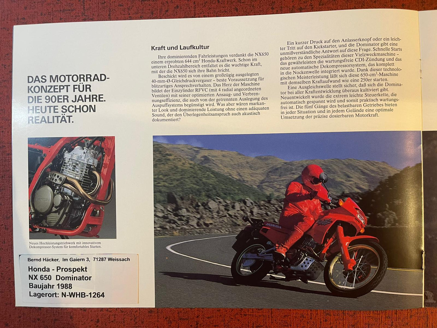 Prospekt Honda NX650 Dominator Bj. 1988 + Aufkleber