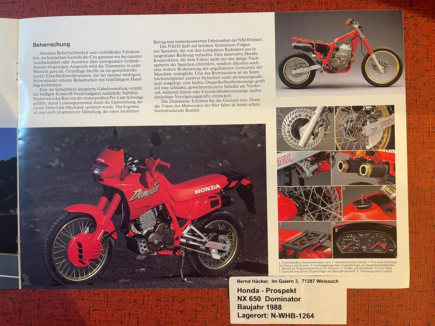 Prospekt Honda NX650 Dominator Bj. 1988 + Aufkleber