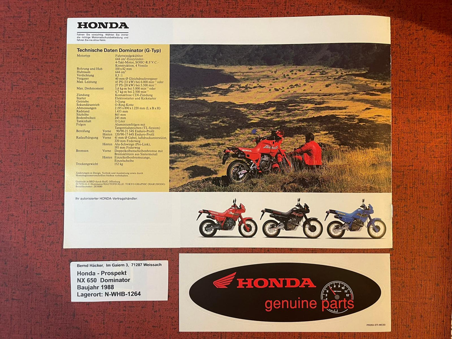 Prospekt Honda NX650 Dominator Bj. 1988 + Aufkleber