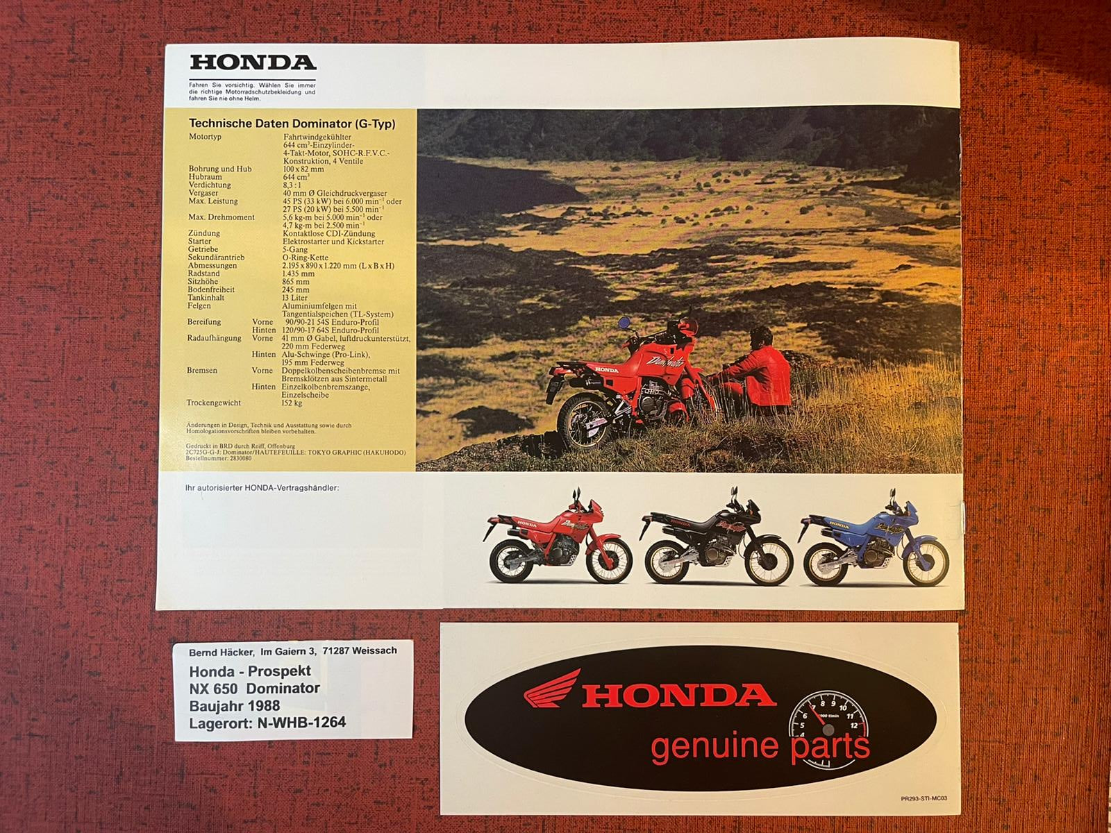 Prospekt Honda NX650 Dominator Bj. 1988 + Aufkleber