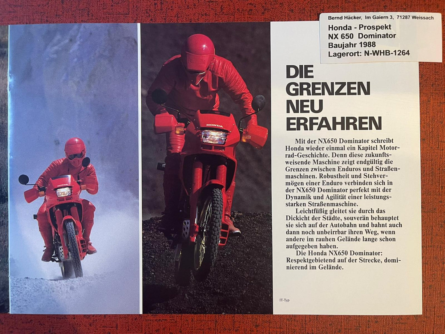 Prospekt Honda NX650 Dominator Bj. 1988 + Aufkleber