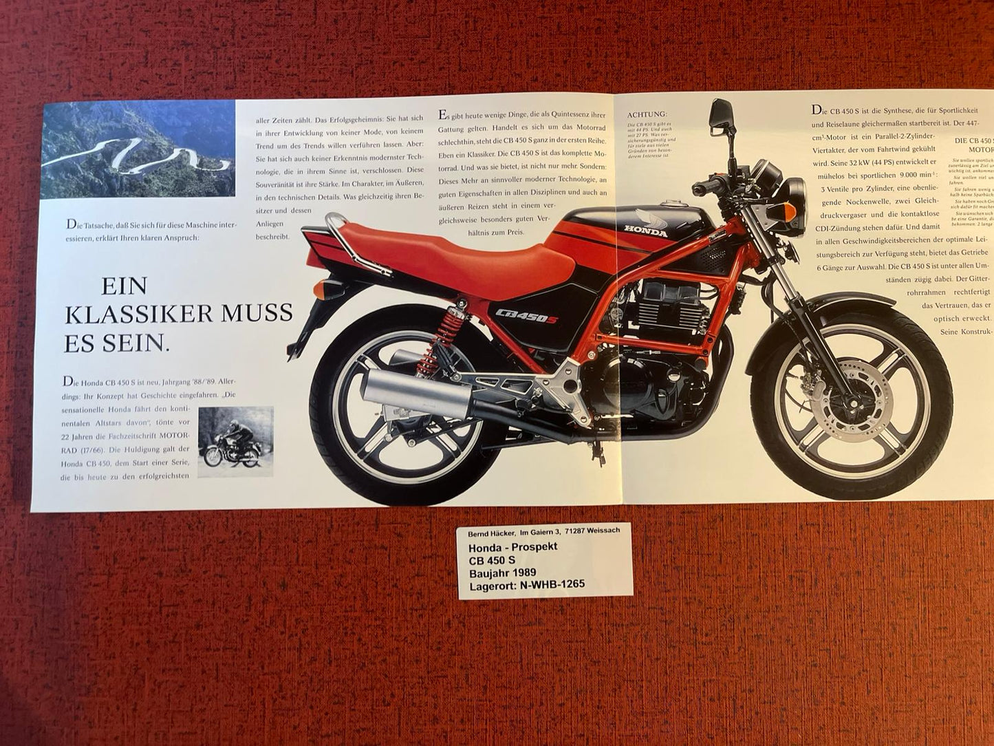 Prospekt Honda CB450S - CB 450 S Bj. 1988 + Aufkleber